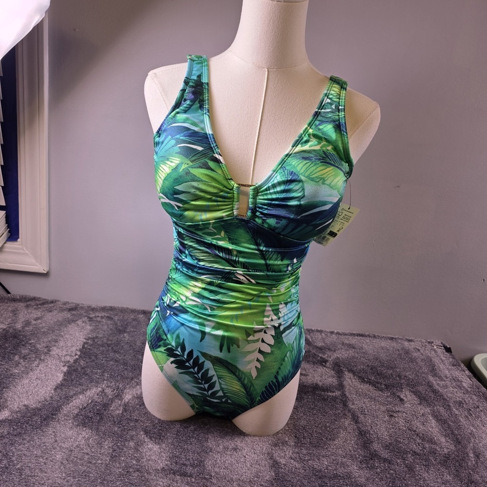 Ralph Lauren One Piece Swimsuit Palm Print Size 6 Tropical Vacation‎ Ruched
